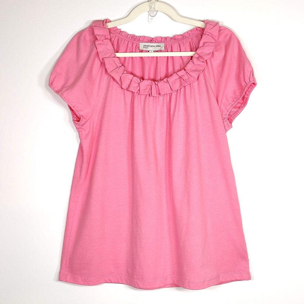 Jones New York Pink Ruffle Neck Cotton Top L Feminine Preppy